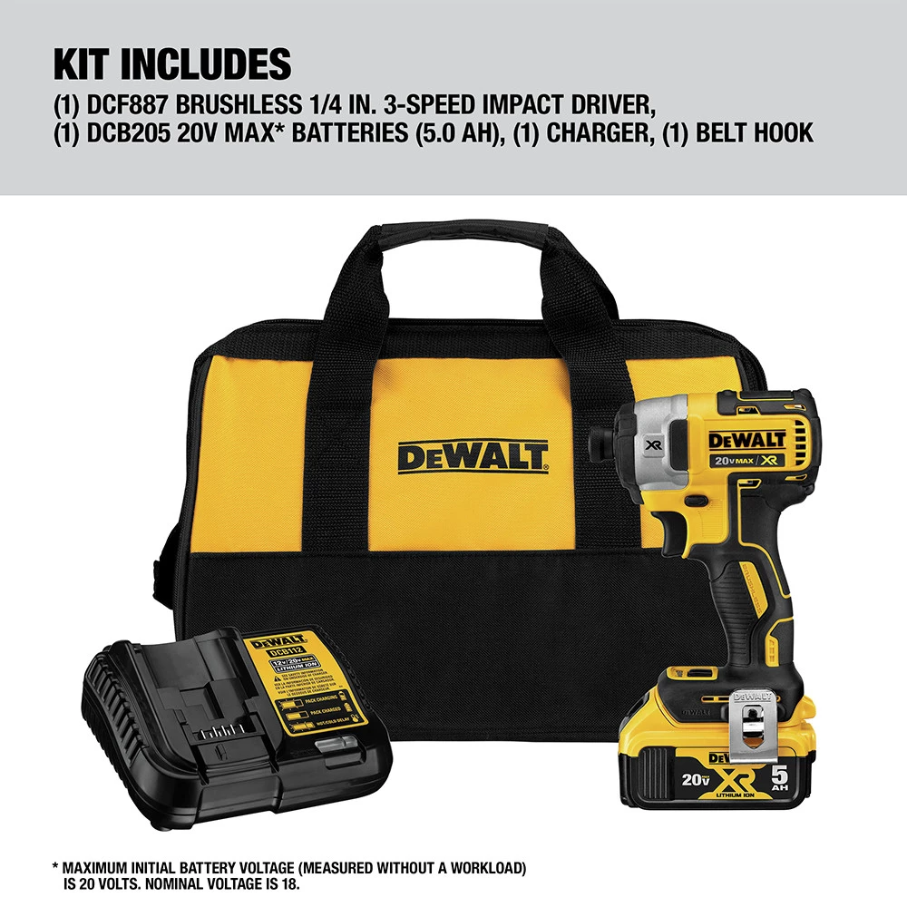 Dewalt DCF887P1 20V MAX XR Brushless Lithium-Ion 1/4 In. Cordless 3-Speed Impact Driver Kit (5 Ah) 2 Dewalt DCF887P1 20V MAX XR Brushless Lithium-Ion 1/4 In. Cordless 3-Speed Impact Driver Kit (5 Ah) - Image 2