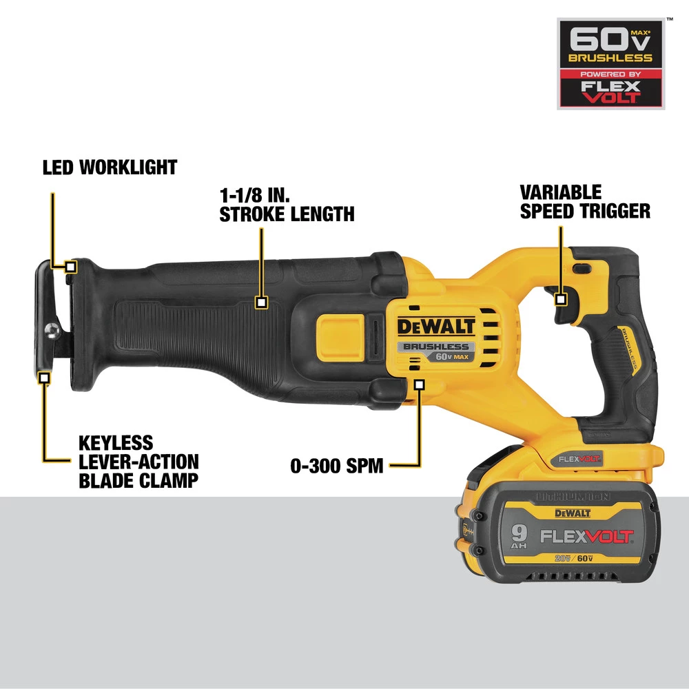 Dewalt DCS389X2 FLEXVOLT 60V MAX Brushless Lithium-Ion 1-1/8 In. Cordless Reciprocating Saw Kit With (2) 9 Ah Batteries 3 Dewalt DCS389X2 FLEXVOLT 60V MAX Brushless Lithium-Ion 1-1/8 In. Cordless Reciprocating Saw Kit With (2) 9 Ah Batteries - Image 3