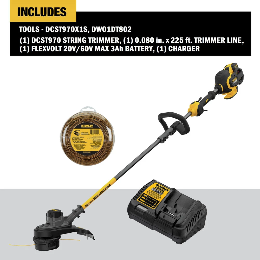 Dewalt DCST970X1S-DWO1DT802 60V MAX FLEXVOLT Brushless Lithium-Ion Cordless String Trimmer And 0.080 In. X 225 Ft. String Trimmer Line Bundle (3 Ah) 2 Dewalt DCST970X1S-DWO1DT802 60V MAX FLEXVOLT Brushless Lithium-Ion Cordless String Trimmer And 0.080 In. X 225 Ft. String Trimmer Line Bundle (3 Ah) - Image 2